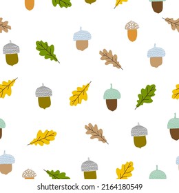 Seamless vector children's pattern with acorns and leaves. For printing, packaging, textiles, children's design, wallpaper, web design, banner
