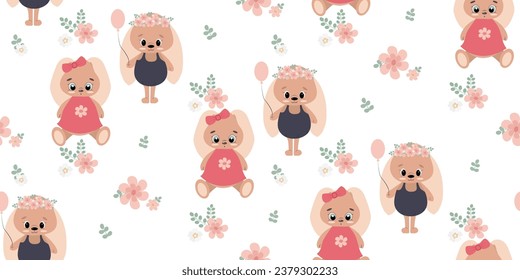 Seamless vector children's pattern with bunnies in flowers. Perfect for printing on fabric and paper. Print for printing on fabric and paper.