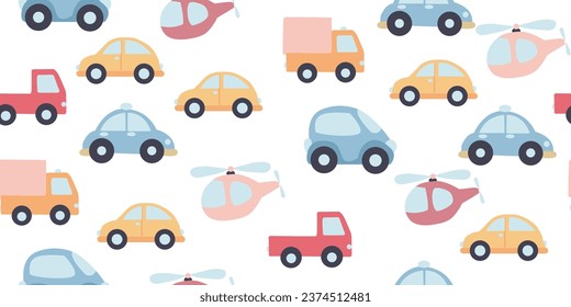 Nahtlose Vektorgrafik von Autos und LKWs. Stylisierte Autos. Helle, reiche Farben. Für Kindergarten, Karten, Drucke und Netze.
