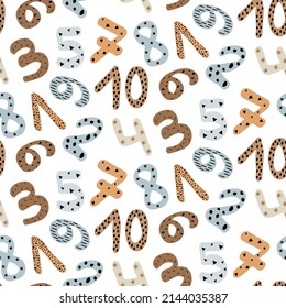 Seamless vector children's pattern with cute numbers on a white background. Pattern with numbers. Ideal for fashion design, wrapping paper, wallpaper.