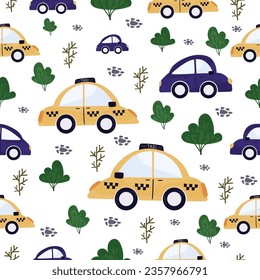 Seamless vector children's pattern. Stylized cars and taxi cars, bushes. Bright juicy colors. For boy's nursery, cards, prints and web.