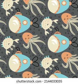 Seamless vector children's pattern with submarines, jellyfish, crabs on a gray background. Cute children's pattern with the underwater world.