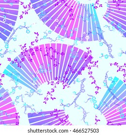 seamless vector chinoiserie pattern. Blooming sakura - cherry blossom flowers and leaves, with chinese fans on the background.