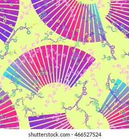 seamless vector chinoiserie pattern. Blooming sakura - cherry blossom flowers and leaves, with chinese fans on the background.