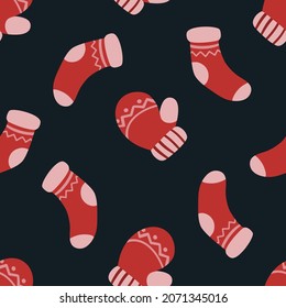 Seamless vector christmas background. With the image of socks, mittens, cones, tree.
Suitable for prints, covers, backgrounds