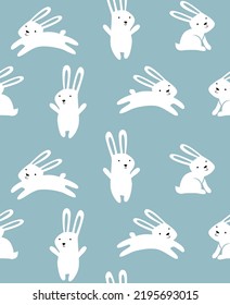 Seamless vector Christmas background with rabbits. Blue Christmas pattern. Paper, postcard. Happy New Year. Merry Christmas. Easter. Gift packaging