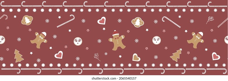 Seamless vector Christmas border, ribbon on a red background. New Year's festive texture with funny sweets, gingerbread, gingerbread man, sweets, snowflakes. For scotch tape, greetings, postcards