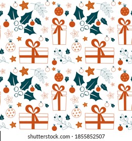 Nahtlose Vektorgrafik Weihnachtsferien mit süßen Illustrationen. Geeignet für den Druck auf Stoff, für Tapete oder Wickelpapier.