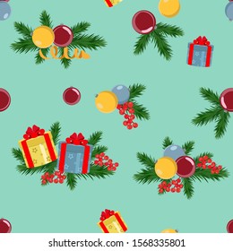 Seamless vector, Christmas illustration with beautiful balls,spruce branch, holly berries and gifts . For decoration of textiles, packaging and web design.