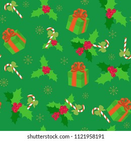 Seamless vector christmas illustration with berries of a holly, cane, gifts on a green background. For decoration of textiles, packaging and web design.