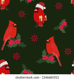 Seamless vector Christmas illustration with a cardinal bird and holly berries on a dark background. For decorating textiles, packaging, web design.