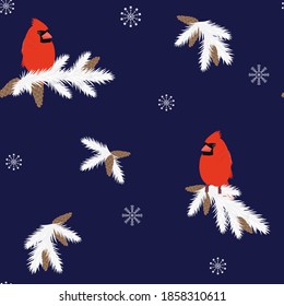 Seamless vector Christmas illustration with a cardinal bird and branch spruce on a dark violet background. For decorating textiles, packaging, covers, web designs.