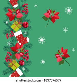 Seamless vector Christmas illustration with gifts, apples, fir branches, New Year's sock. For decoration of textiles, packaging, covers and web design.