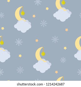 Seamless vector Christmas illustration with a month decorated New Year ball. For decorating textiles, packaging, covers, wallpapers.