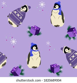 Seamless vector christmas illustration with penguins in hat and sweater in lilac background. For decoration of textiles, packaging, web design.