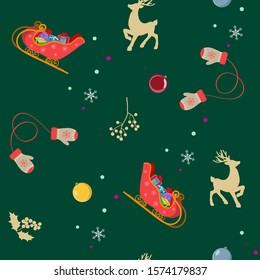 Seamless vector, Christmas illustration with Santa's sleigh,gifts,deer, holly berries . For decoration of textiles, packaging and web design.