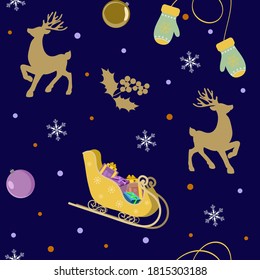 Seamless vector, Christmas illustration with Santa's sleigh,gifts,deer, holly berries . For decoration of textiles, packaging and web design.