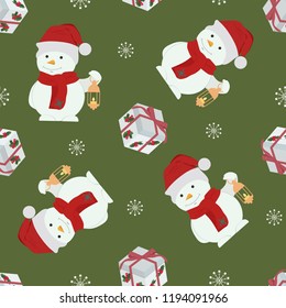 Seamless vector christmas illustration. Snowmen in Santa's cap and gifts on a green background. For decorating textiles, packaging, covers, web designs.