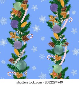 Seamless vector, Christmas illustration with spruce branch, gingerbreads and christmas balls on a blue background . For decoration of textiles, packaging and web design.