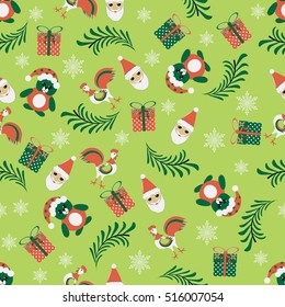 Seamless vector Christmas illustration with Christmas symbols. Christmas tree, cock, bear,   snowflakes, gift box, Santa Claus