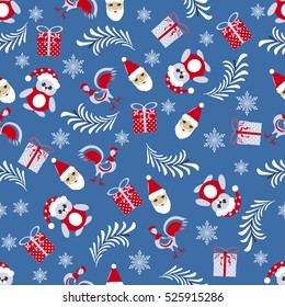 Seamless vector Christmas illustration with Christmas symbols. Christmas tree, cock, bear,   snowflakes, gift box, Santa Claus