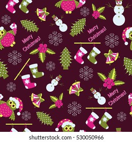 Seamless vector Christmas illustration with Christmas symbols. Christmas tree, snowflakes, snowman