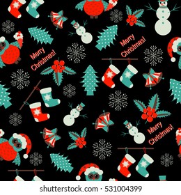 Seamless vector Christmas illustration with Christmas symbols. Christmas tree, snowflakes, snowman