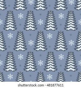 seamless vector Christmas illustration. Christmas trees, snowflakes, stars