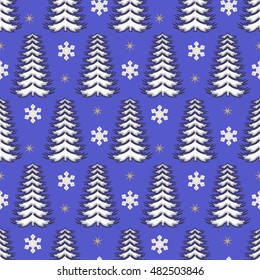 seamless vector Christmas illustration. Christmas trees, snowflakes, stars