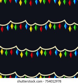 Seamless vector Christmas lights pattern on black background. Random layout. Gift wrapping paper. Bed sheets and interior.

