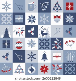 Seamless vector Christmas mosaic pattern with geometric stylized icons – baubles, snowballs, candles, fir trees, snow, gift boxes, reindeer, mistletoe, and poinsettia for festive designs