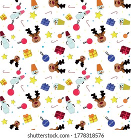 Seamless vector Christmas and New Year illustration with deer, sweets, Christmas balls and gifts. Template for design wrapping paper, fabric, postcard, background.