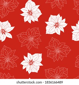 Seamless vector Christmas and New Year pattern with cute hand drawn Poinsettia flowers. Red and white color palette. For wrapping paper, invitation, card, gift, fabric, wallpaper, web, banner, textile