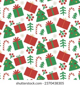Seamless vector Christmas and New Year pattern with Christmas trees, caramel, gifts, snowflakes