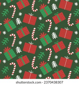 Seamless vector Christmas and New Year pattern with Christmas trees, caramel, gifts, snowflakes