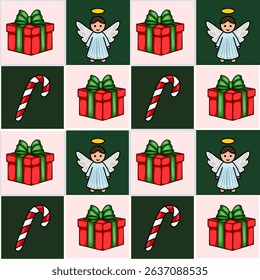 Seamless vector Christmas patchwork pattern featuring charming angels, gift boxes with green ribbons, and candy canes on a pink and green checkered background.