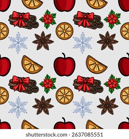 Seamless vector Christmas pattern with apples, cinnamon sticks with red bows, orange slices, anise stars, and snowflakes, designed in a hand-drawn style for festive winter designs.