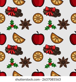 Seamless vector Christmas pattern with apples, cinnamon sticks with red bows, orange slices, star anise, and holly berries, designed in a vibrant cartoon style.