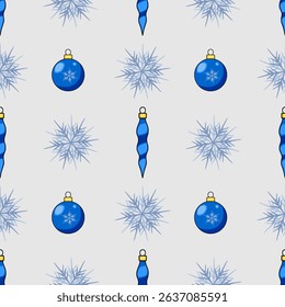 Seamless vector Christmas pattern with blue baubles, stylized snowflakes, and icicle ornaments on a light gray background, perfect for festive designs and winter celebrations.