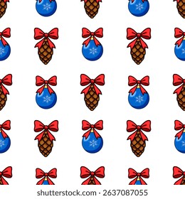 Seamless vector Christmas pattern with blue baubles, pine cones, and red bows, ideal for festive wrapping paper or holiday cards.