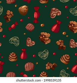 Seamless vector Christmas pattern of bright tasty pieces milk chocolate with nuts, sweets, dragees. World Chocolate Day. Dessert food illustration. Packaging, menu, cookbook, postcard, banner, poster.