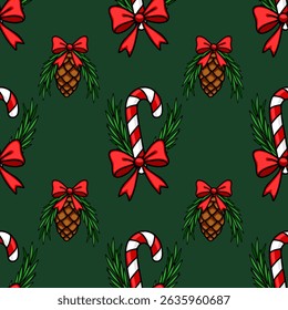 Seamless vector Christmas pattern with candy canes, pine cones, and red bows on a dark green background, perfect for festive designs and winter holidays.