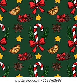 Seamless vector Christmas pattern with candy canes, cinnamon sticks, orange slices, star anise, and festive bows on a dark green background, perfect for winter holidays designs.