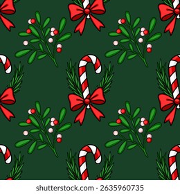 Seamless vector Christmas pattern with candy canes, mistletoe, and red bows on a dark green background, perfect for festive wrapping paper or holiday cards.
