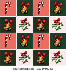 Seamless vector Christmas pattern with candy canes, bells with red bows, and mistletoe sprigs on a checkered background, perfect for festive designs.