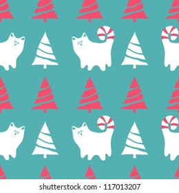 Seamless vector Christmas pattern with cats and Christmas trees, winter background