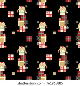 Seamless vector Christmas pattern with cats, ornamental snowflakes and gift boxes  on black background