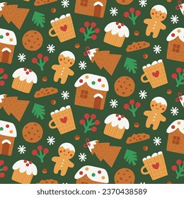 Seamless vector Christmas pattern with cocoa, mulled wine, cookies, gingerbread house, gingerbread man, sweets, jam, caramel and Christmas tree