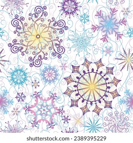 Seamless vector Christmas pattern with colorful gradient snowflakes on a transparent background