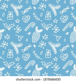 Seamless vector Christmas pattern with cones, caramel, gifts, and snowflakes in doodle style on a blue background. vector illustration for the new year and Christmas.